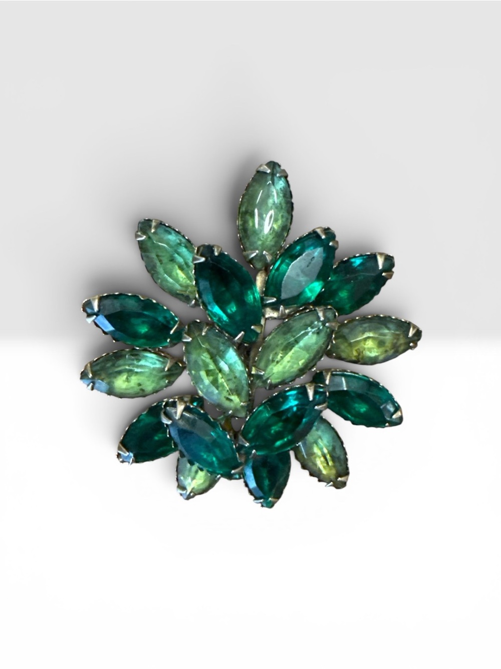 Vintage Emerald & Peridot Green Rhinestone Flower Brooch Marquise Navette Pin
